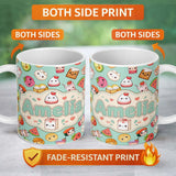 Personalized Custom Name Cute Kawaii Food Characters on Mint Green Background Seamless 11oz Ceramic Coffee Tea Mug White Large Handle