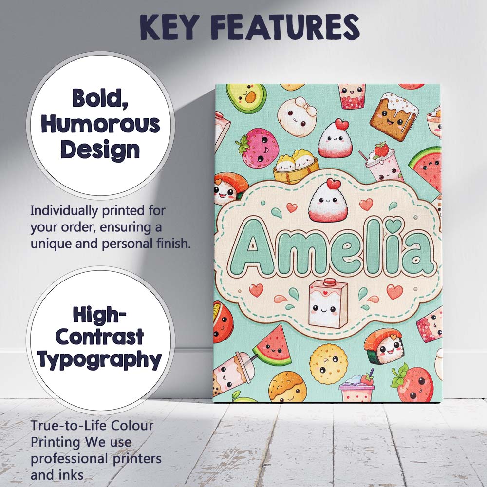 Personalised Name Cute Kawaii Food Characters Custom Unique Gift Idea Modern Room Accent Canvas Wall Art Print Decor Picture Ready to Hang