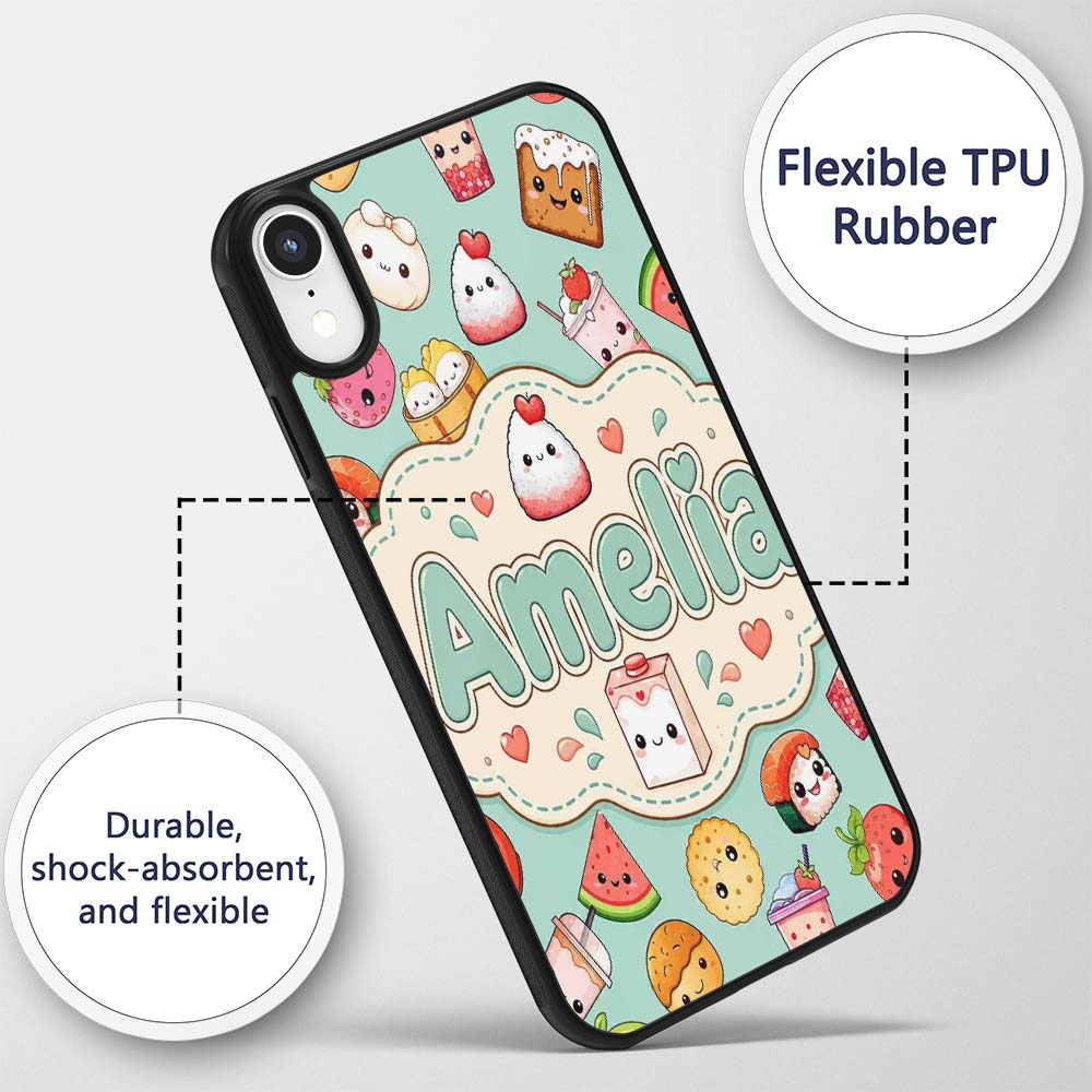 Cute Kawaii Food Characters on Printed Design Custom Name Protective Phone Case Mobile Cover Durable Everyday Smartphone Shock Resistant