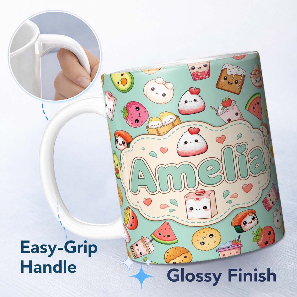 Personalized Custom Name Cute Kawaii Food Characters on Mint Green Background Seamless 11oz Ceramic Coffee Tea Mug White Large Handle