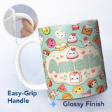 Personalized Custom Name Cute Kawaii Food Characters on Mint Green Background Seamless 11oz Ceramic Coffee Tea Mug White Large Handle