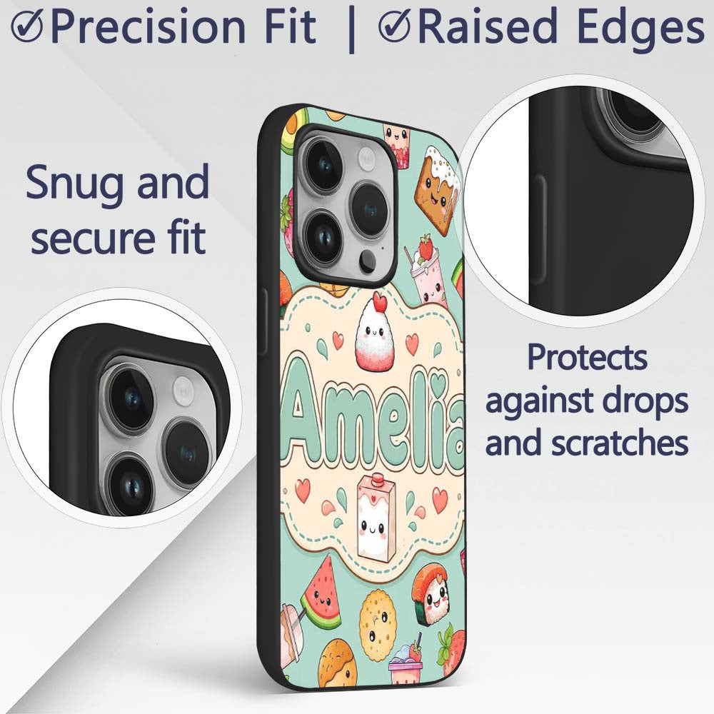 Cute Kawaii Food Characters on Printed Design Custom Name Protective Phone Case Mobile Cover Durable Everyday Smartphone Shock Resistant