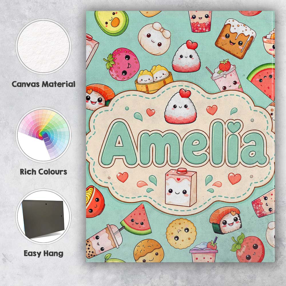 Personalised Name Cute Kawaii Food Characters Custom Unique Gift Idea Modern Room Accent Canvas Wall Art Print Decor Picture Ready to Hang