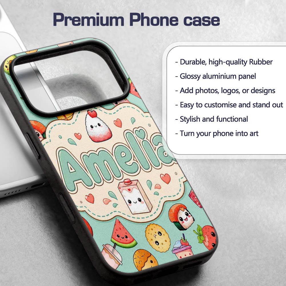 Cute Kawaii Food Characters on Printed Design Custom Name Protective Phone Case Mobile Cover Durable Everyday Smartphone Shock Resistant