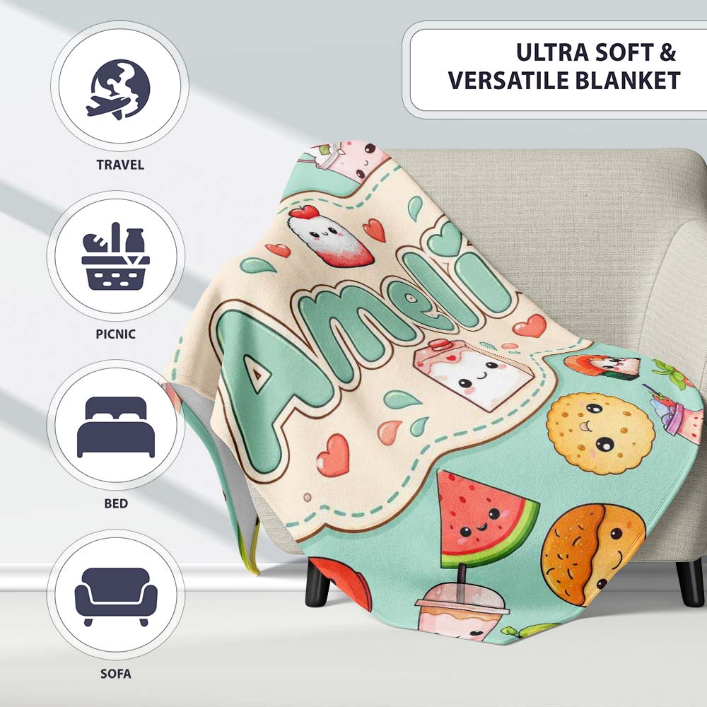 Cute Kawaii Food Characters on Mint Green Background Seamless  Personalised Custom Name Super Soft Fleece Blanket Bed Sofa Throw