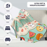 Cute Kawaii Food Characters on Mint Green Background Seamless  Personalised Custom Name Super Soft Fleece Blanket Bed Sofa Throw