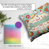 Custom Name Cute Kawaii Food Characters on Mint Green Background Square Filled Cushion Throw Pillow Sofa Bed Home Decor Zip Washable UK Made