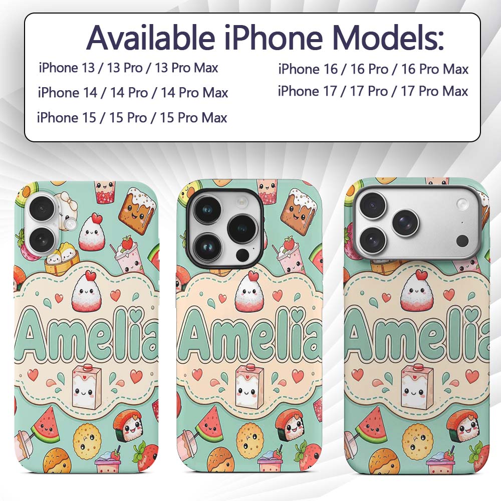 Cute Kawaii Food Characters on Printed Design Custom Name Protective Phone Case Mobile Cover Durable Everyday Smartphone Shock Resistant