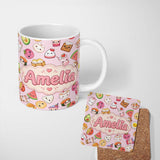 Personalized Custom Name Cute Kawaii Food Characters on Light Pink Background Seamless 11oz Ceramic Coffee Tea Mug White Large Handle