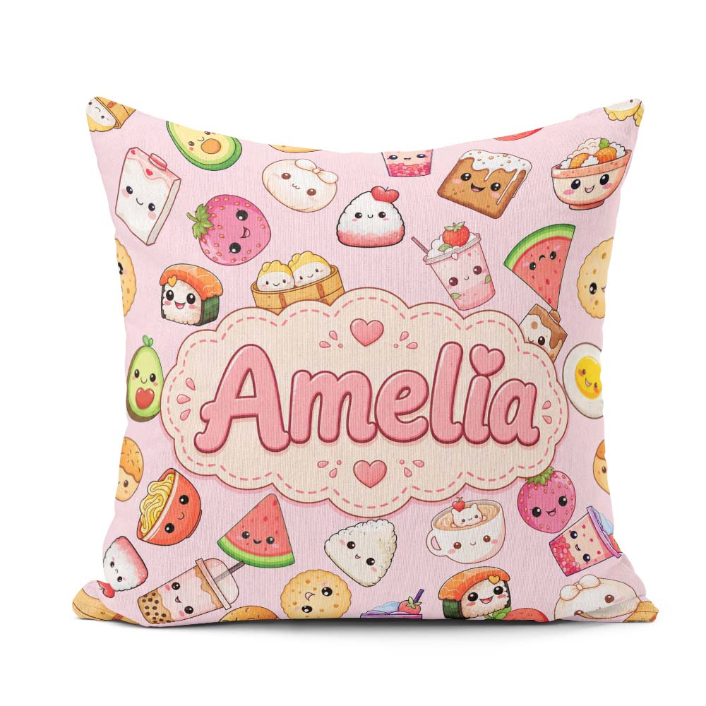 Custom Name Cute Kawaii Food Characters on Light Pink Background Square Filled Cushion Throw Pillow Sofa Bed Home Decor Zip Washable UK Made