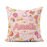 Custom Name Cute Kawaii Food Characters on Light Pink Background Square Filled Cushion Throw Pillow Sofa Bed Home Decor Zip Washable UK Made