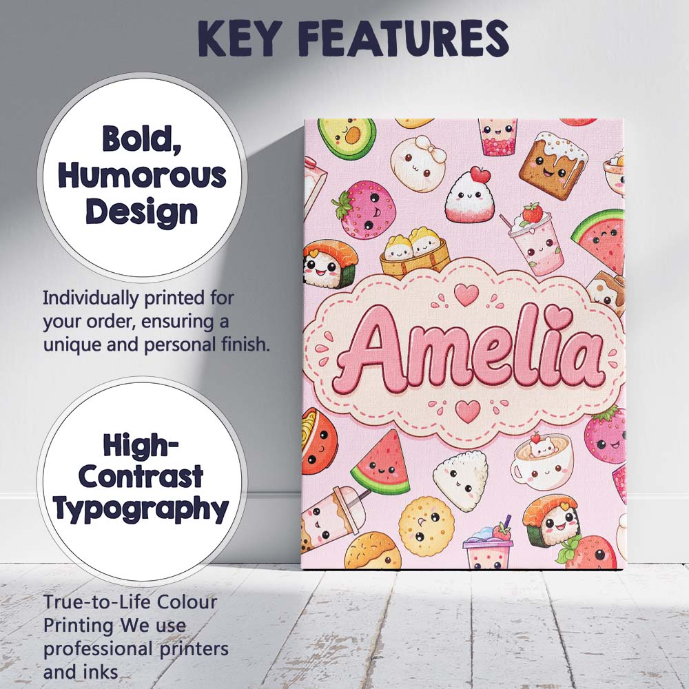 Personalised Name Cute Kawaii Food Characters Custom Unique Gift Idea Modern Room Accent Canvas Wall Art Print Decor Picture Ready to Hang