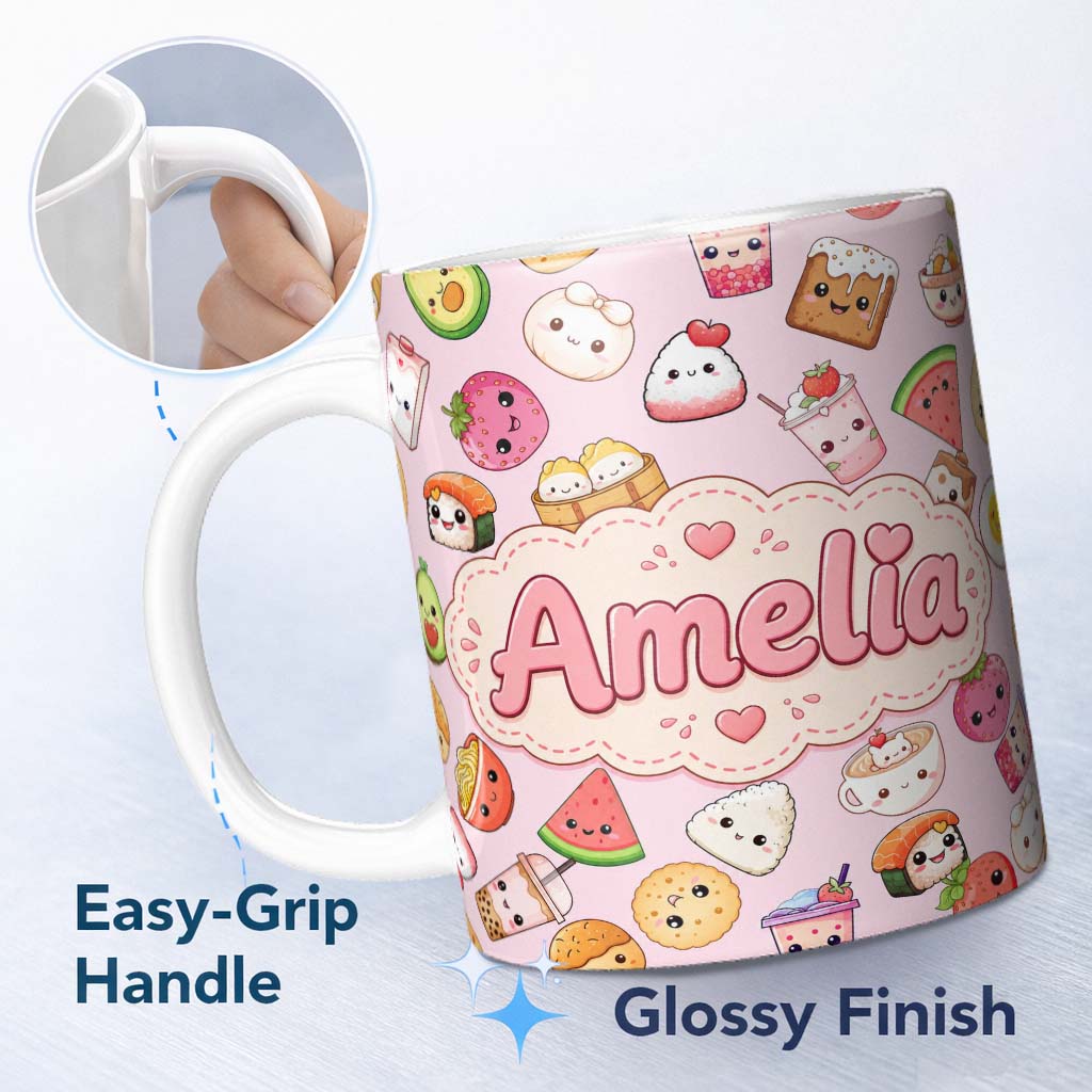 Personalized Custom Name Cute Kawaii Food Characters on Light Pink Background Seamless 11oz Ceramic Coffee Tea Mug White Large Handle