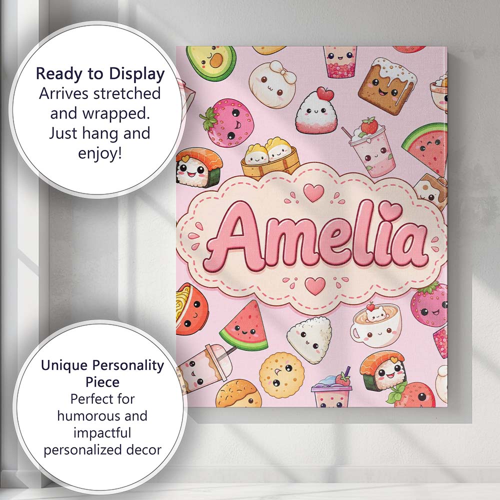 Personalised Name Cute Kawaii Food Characters Custom Unique Gift Idea Modern Room Accent Canvas Wall Art Print Decor Picture Ready to Hang