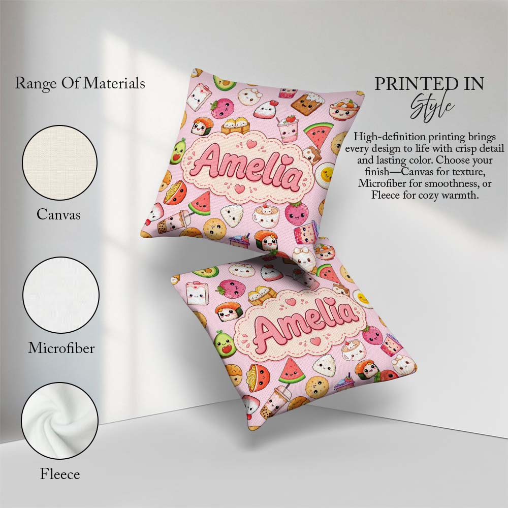 Custom Name Cute Kawaii Food Characters on Light Pink Background Square Filled Cushion Throw Pillow Sofa Bed Home Decor Zip Washable UK Made
