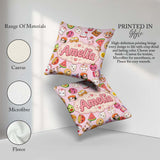 Custom Name Cute Kawaii Food Characters on Light Pink Background Square Filled Cushion Throw Pillow Sofa Bed Home Decor Zip Washable UK Made