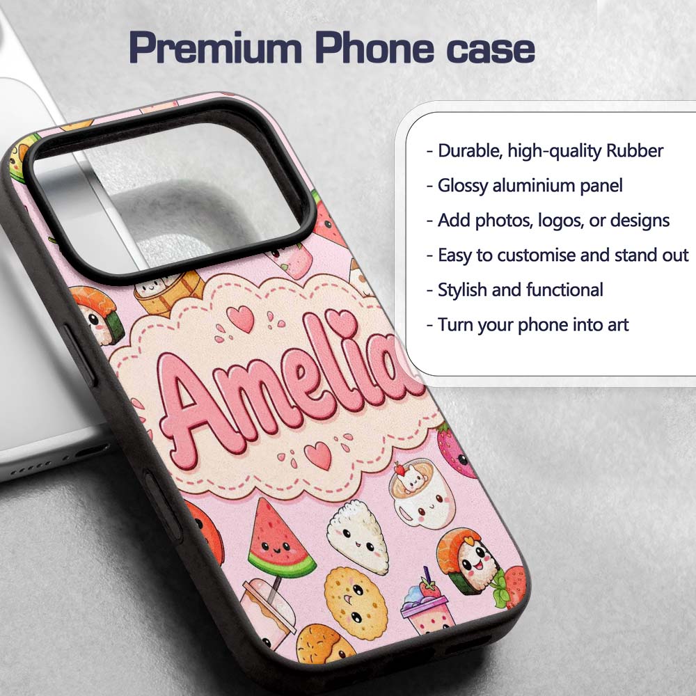 Cute Kawaii Food Characters on Printed Design Custom Name Protective Phone Case Mobile Cover Durable Everyday Smartphone Shock Resistant