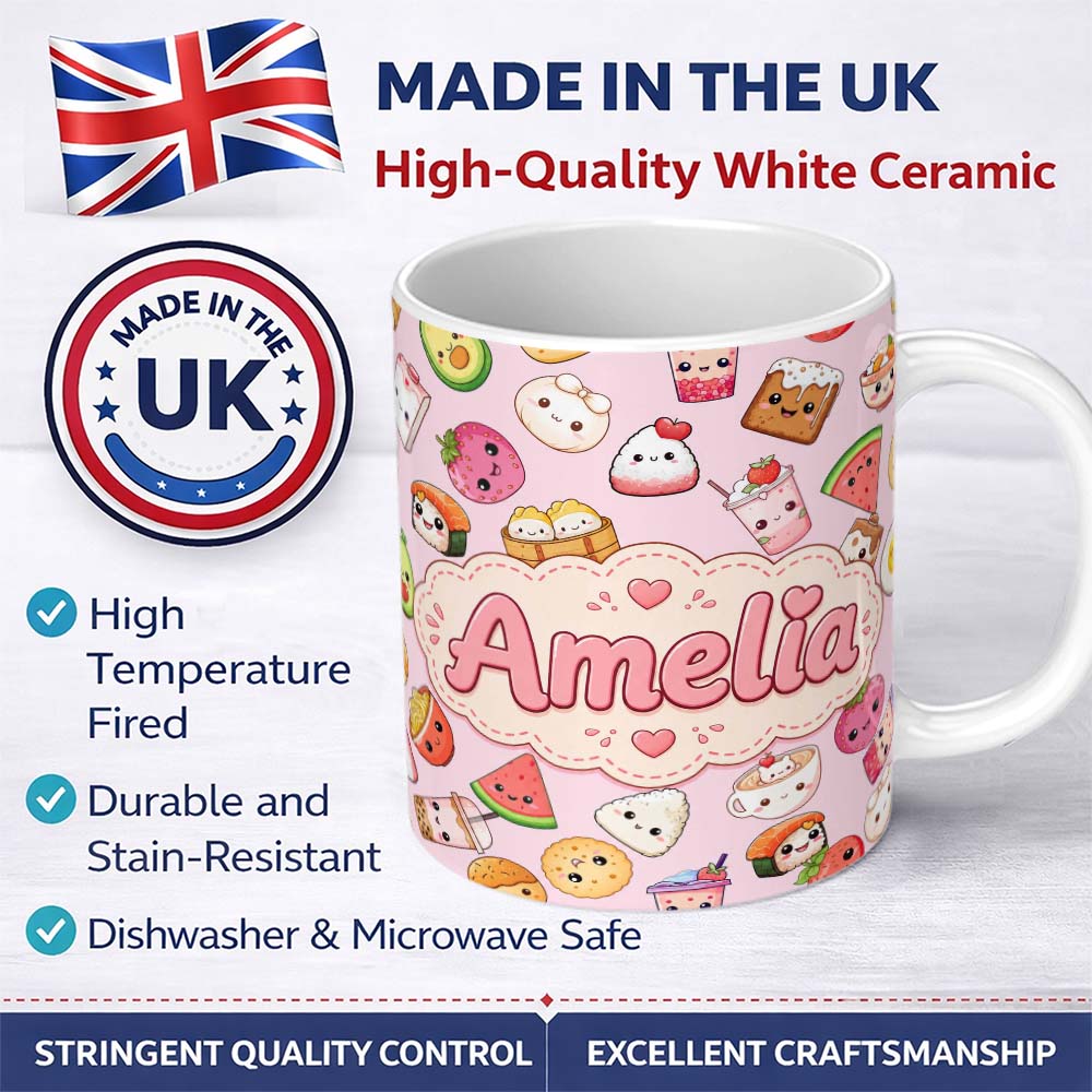 Personalized Custom Name Cute Kawaii Food Characters on Light Pink Background Seamless 11oz Ceramic Coffee Tea Mug White Large Handle