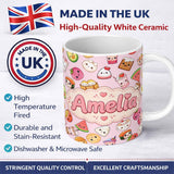 Personalized Custom Name Cute Kawaii Food Characters on Light Pink Background Seamless 11oz Ceramic Coffee Tea Mug White Large Handle