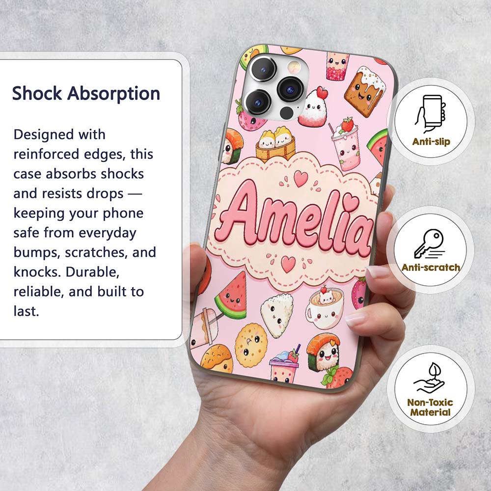 Cute Kawaii Food Characters on Printed Design Custom Name Protective Phone Case Mobile Cover Durable Everyday Smartphone Shock Resistant