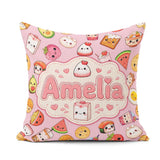 Custom Name Cute Kawaii Food Characters on Soft Pink Background Square Filled Cushion Throw Pillow Sofa Bed Home Decor Zip Washable UK Made