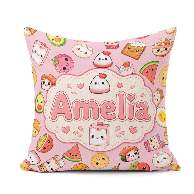 Custom Name Cute Kawaii Food Characters on Soft Pink Background Square Filled Cushion Throw Pillow Sofa Bed Home Decor Zip Washable UK Made