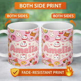 Personalized Custom Name Cute Kawaii Food Characters on Soft Pink Background Seamless 11oz Ceramic Coffee Tea Mug White Large Handle