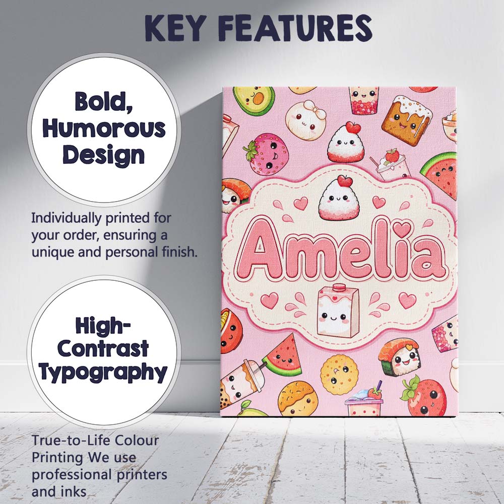 Personalised Name Cute Kawaii Food Characters Custom Unique Gift Idea Modern Room Accent Canvas Wall Art Print Decor Picture Ready to Hang