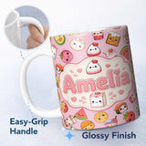 Personalized Custom Name Cute Kawaii Food Characters on Soft Pink Background Seamless 11oz Ceramic Coffee Tea Mug White Large Handle