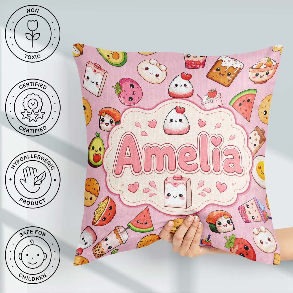 Custom Name Cute Kawaii Food Characters on Soft Pink Background Square Filled Cushion Throw Pillow Sofa Bed Home Decor Zip Washable UK Made