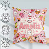 Custom Name Cute Kawaii Food Characters on Soft Pink Background Square Filled Cushion Throw Pillow Sofa Bed Home Decor Zip Washable UK Made