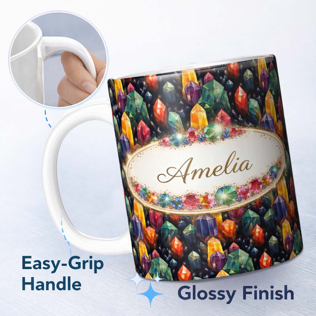 Personalized Custom Name Watercolor Red Blue Crystal Seamless Pattern Artistic Gemstone 11oz Ceramic Coffee Tea Mug White Large Handle