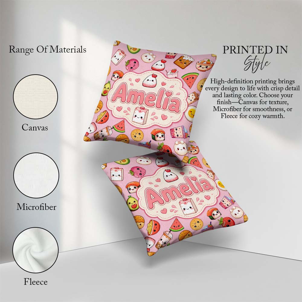 Custom Name Cute Kawaii Food Characters on Soft Pink Background Square Filled Cushion Throw Pillow Sofa Bed Home Decor Zip Washable UK Made