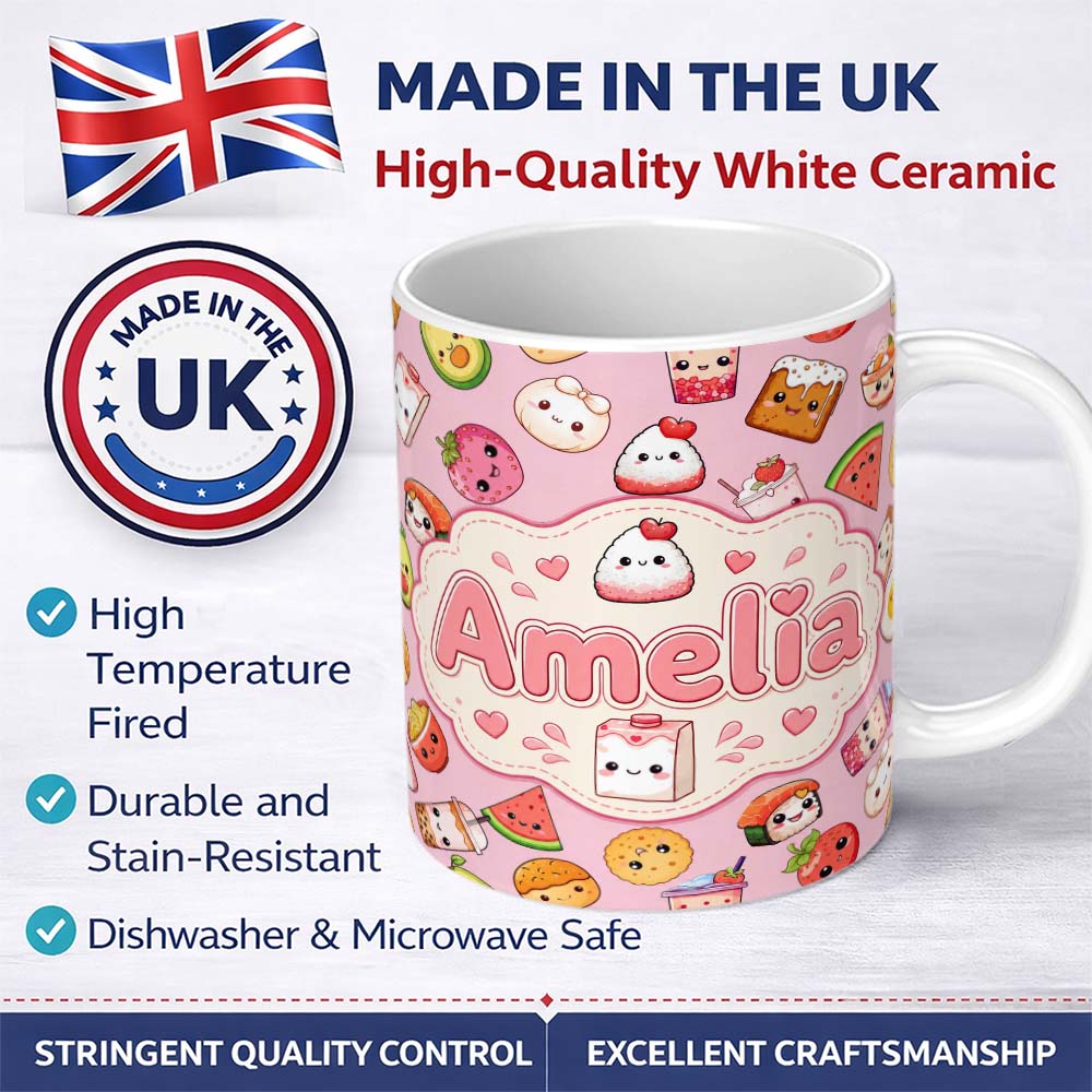 Personalized Custom Name Cute Kawaii Food Characters on Soft Pink Background Seamless 11oz Ceramic Coffee Tea Mug White Large Handle