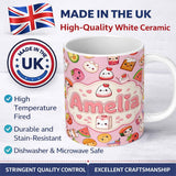 Personalized Custom Name Cute Kawaii Food Characters on Soft Pink Background Seamless 11oz Ceramic Coffee Tea Mug White Large Handle