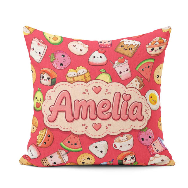 Custom Name Cute Kawaii Food Characters on Red Seamless Pattern Square Filled Cushion Throw Pillow Sofa Bed Home Decor Zip Washable UK Made