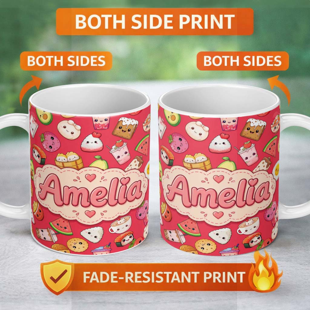 Personalized Custom Name Cute Kawaii Food Characters on Red Background Seamless Pattern 11oz Ceramic Coffee Tea Mug White Large Handle