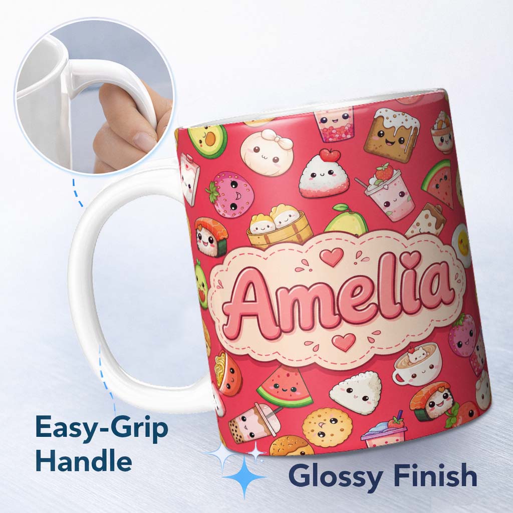 Personalized Custom Name Cute Kawaii Food Characters on Red Background Seamless Pattern 11oz Ceramic Coffee Tea Mug White Large Handle