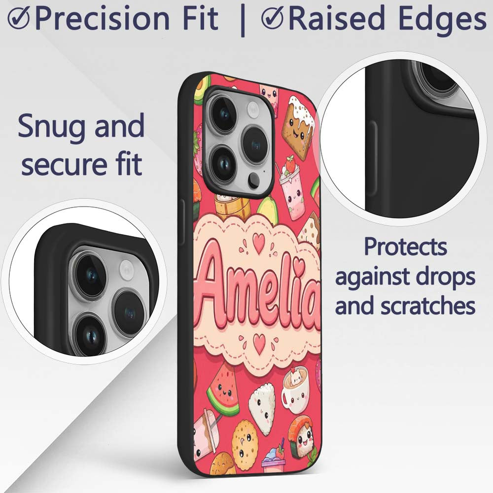 Cute Kawaii Food Characters on Red Background Custom Name Protective Phone Case Mobile Cover Durable Everyday Smartphone Shock Resistant