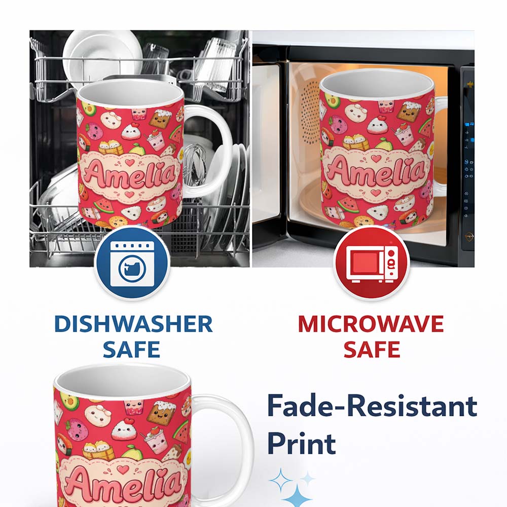 Personalized Custom Name Cute Kawaii Food Characters on Red Background Seamless Pattern 11oz Ceramic Coffee Tea Mug White Large Handle