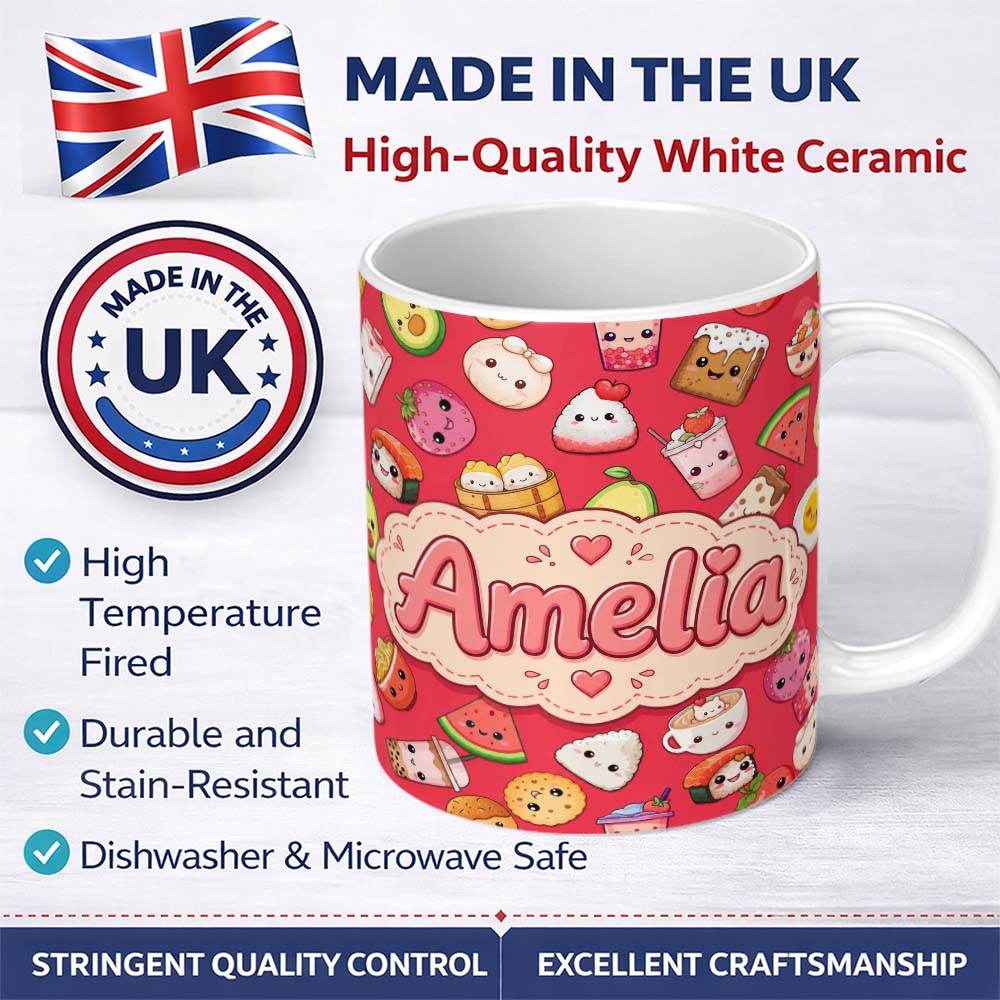 Personalized Custom Name Cute Kawaii Food Characters on Red Background Seamless Pattern 11oz Ceramic Coffee Tea Mug White Large Handle