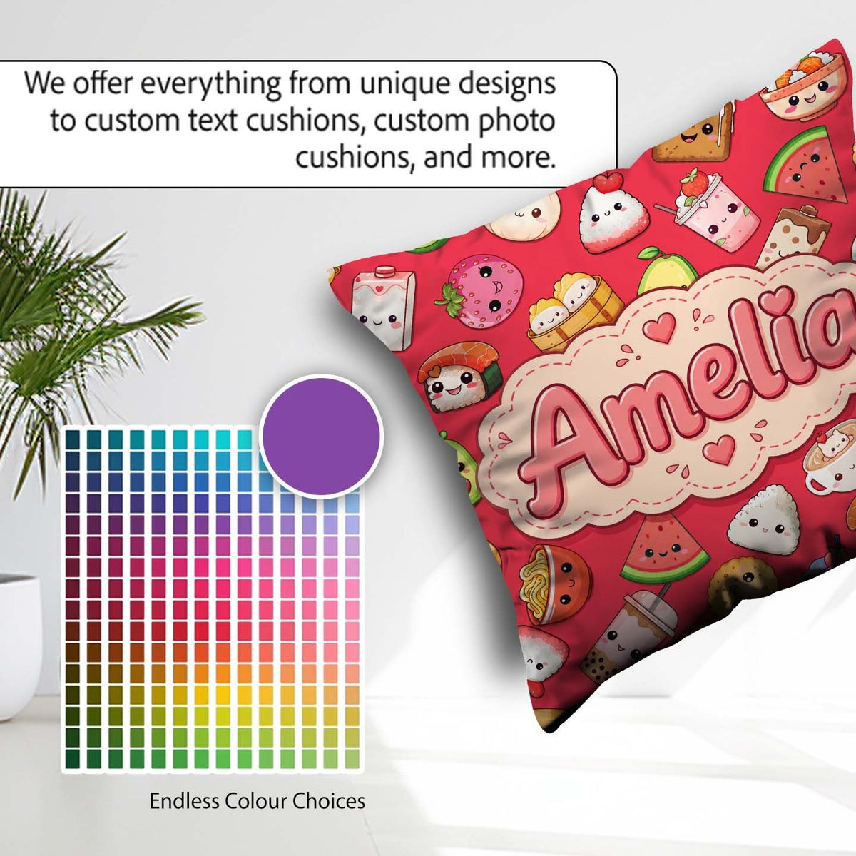 Custom Name Cute Kawaii Food Characters on Red Seamless Pattern Square Filled Cushion Throw Pillow Sofa Bed Home Decor Zip Washable UK Made
