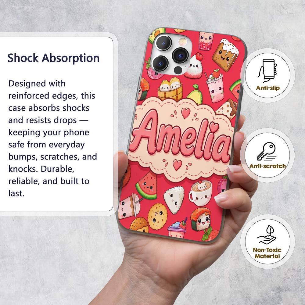 Cute Kawaii Food Characters on Red Background Custom Name Protective Phone Case Mobile Cover Durable Everyday Smartphone Shock Resistant