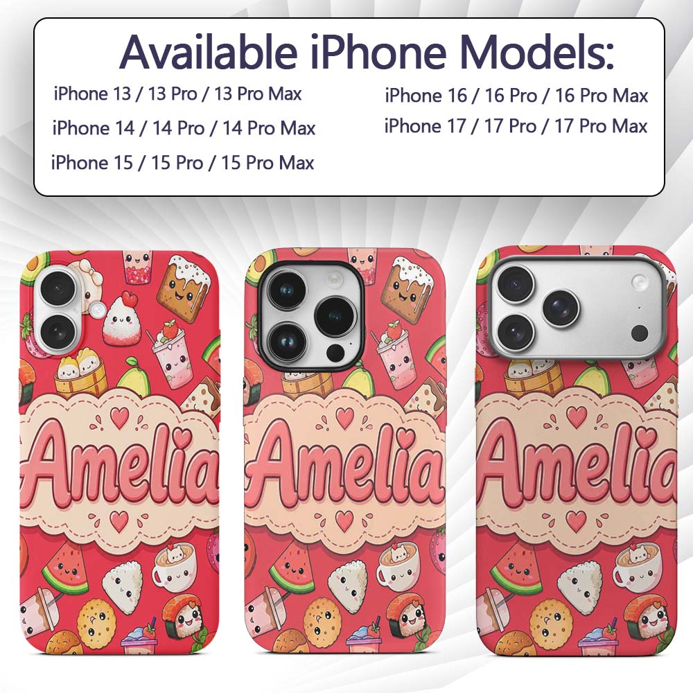 Cute Kawaii Food Characters on Red Background Custom Name Protective Phone Case Mobile Cover Durable Everyday Smartphone Shock Resistant