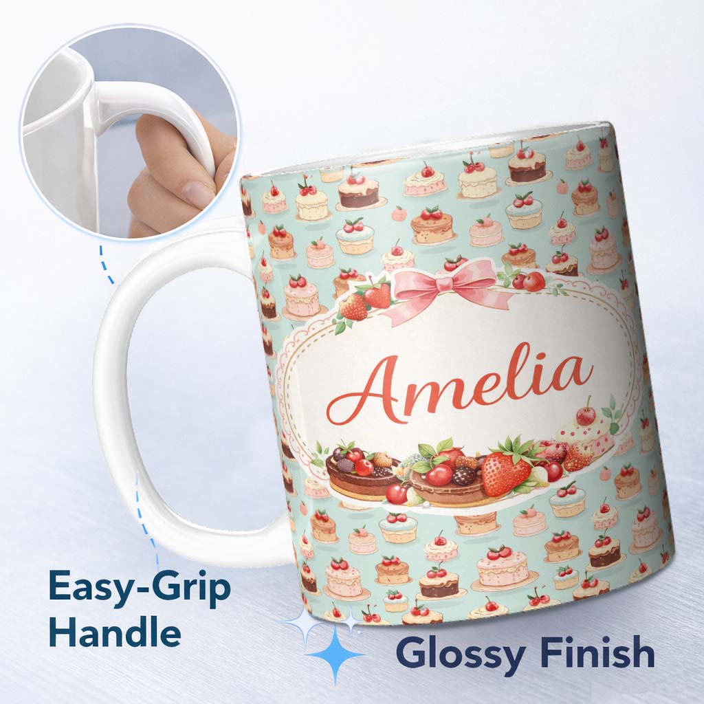 Personalized Custom Name Vintage Cake Slice Seamless Pattern Dessert Food Illustration Design 11oz Ceramic Coffee Tea Mug White Large Handle