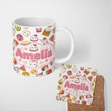 Personalized Custom Name Cute Kawaii Food Characters on Light Grey Background Seamless 11oz Ceramic Coffee Tea Mug White Large Handle
