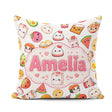 Custom Name Cute Kawaii Food Characters on Light Grey Background Square Filled Cushion Throw Pillow Sofa Bed Home Decor Zip Washable UK Made