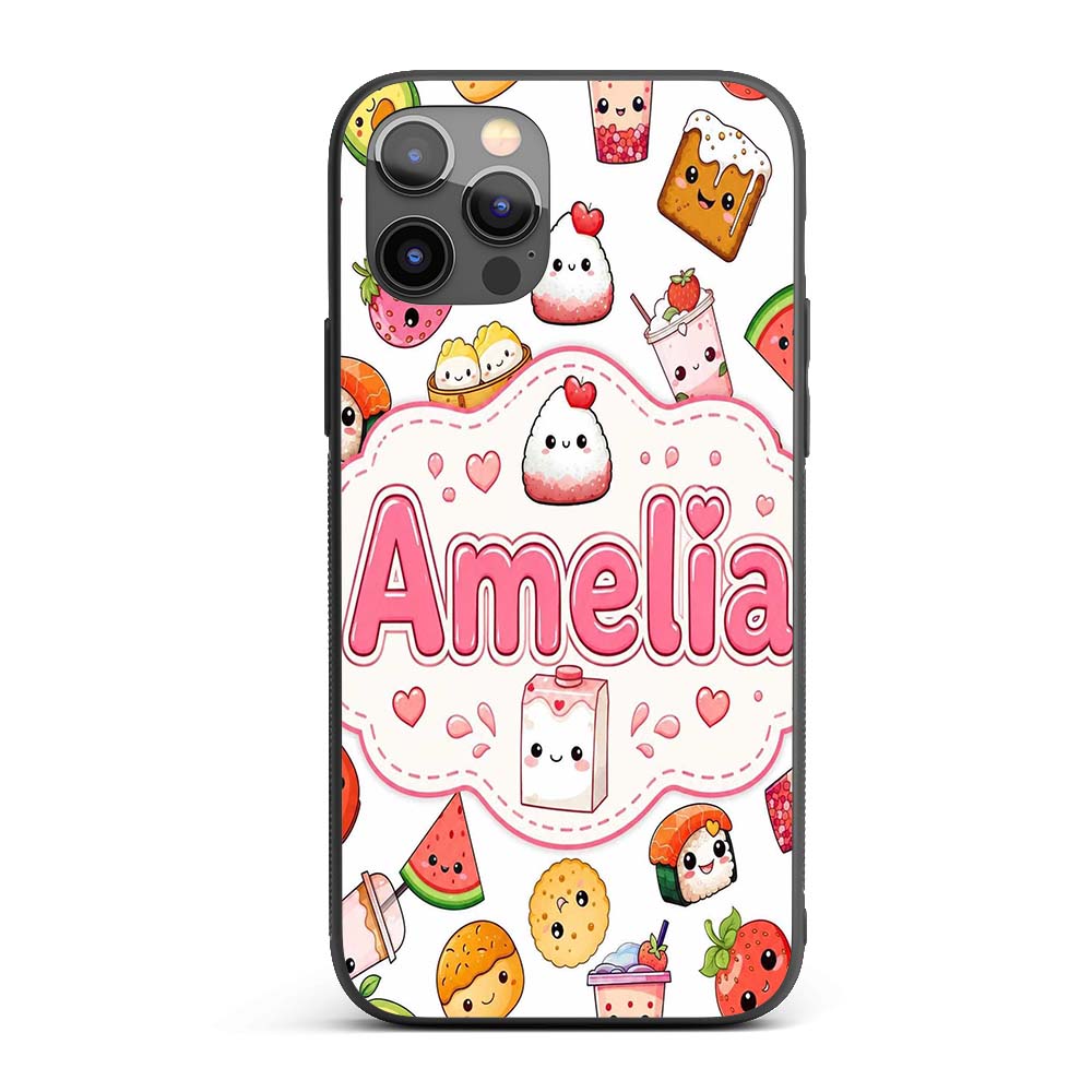 Cute Kawaii Food Characters on Printed Design Custom Name Protective Phone Case Mobile Cover Durable Everyday Smartphone Shock Resistant