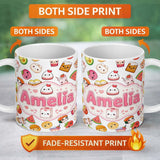 Personalized Custom Name Cute Kawaii Food Characters on Light Grey Background Seamless 11oz Ceramic Coffee Tea Mug White Large Handle