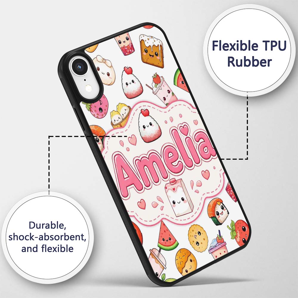 Cute Kawaii Food Characters on Printed Design Custom Name Protective Phone Case Mobile Cover Durable Everyday Smartphone Shock Resistant